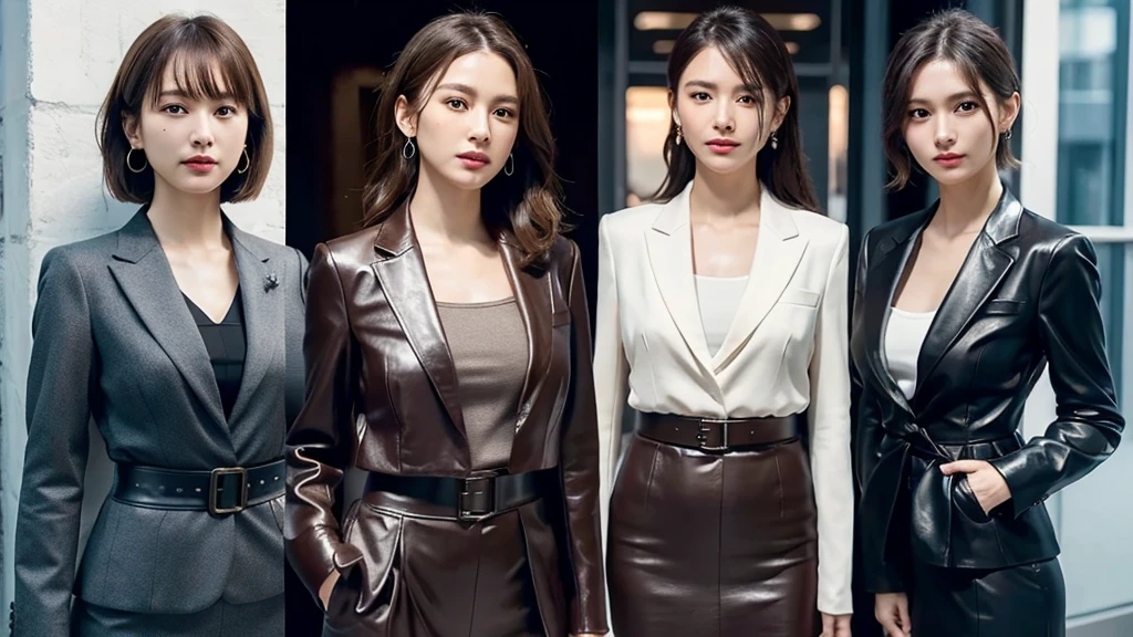 Absurd, RAW Photos, Very delicate and beautiful, masterpiece, Highest quality, Ultra-high resolution, 16K, Surreal, Very detailed, Very detailed CG 8k 壁紙, Beautiful lighting, Perfect Lightning, Realistic Shadows, Perfect Anatomy, Very detailed肌, Perfect figure, Japanese women, Late 20s, Very slim figure, Tight waist, very small head, Handsome detailed woman, Very detailed目と顔, Realistic Face Proportions, Eye on the details, Realistic beautiful face, Very small face, Realistic small beautiful eyes, double eyelid, Compensate, Tearful mole, Mole on chest, Earrings, barefoot, beautiful and very thin legs, Beautiful and very slim thighs, (Very big round breasts:1.3), short hair, Wavy Hair, Sweat, Full Body Shot, (Three Girls:1.5), (Office Lady Suits:1.3), (Skirt Suit), (Leather suit jacket), (blouse),(((line up))),