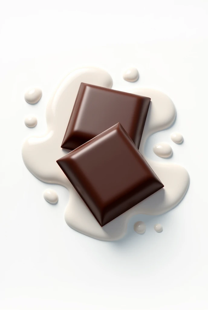 2 square Chocolate pieces with white background with some drops of milk