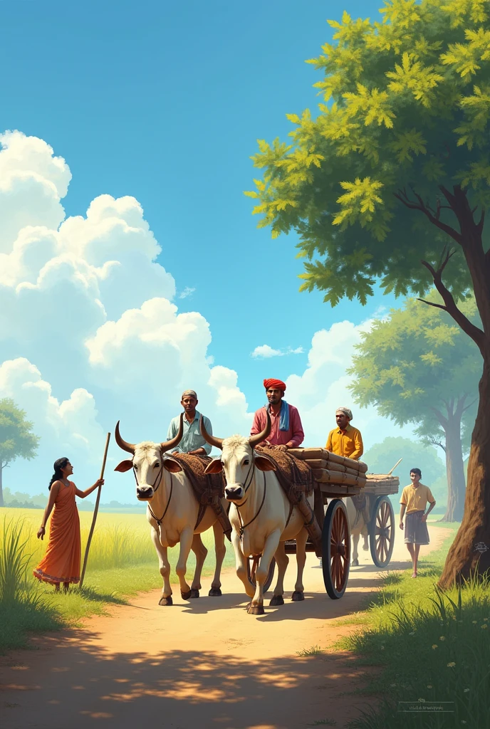 Morning of indian village , sky blue , farmers are going to farm by bulllcart, children palyeing , a mango tree , a woman brooming