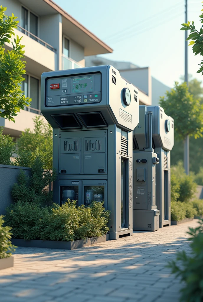 Give me an image of a colony centralised waste management machine with various iot devices ,sensors ,camera sensors which will segregate the household waste into different compartments based on their type and will convert organic to fertilizer through electronic composting,heating composting as well as chemicals,it will also have a feature from which the segregated plastic,glass , metal can be send to industries for recycling at large scale make it a little realistic
But a little small