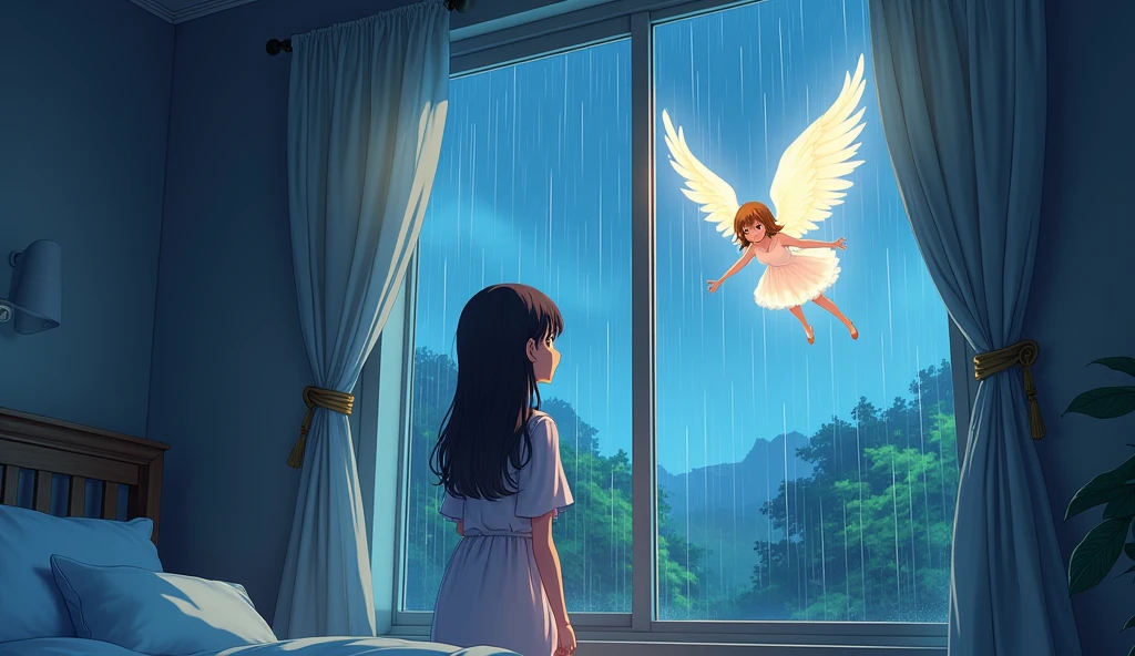 On a rainy day, outside the window of a girl's room, an angel is flying Anime style illustrations