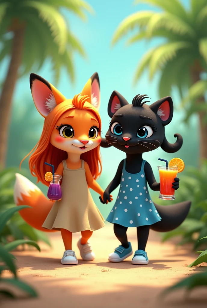 Cute anthropomorphic orange fox of small stature in a dark beige full-length sundress. The fox has long orange hair that reaches the floor.. Fox shoes white sneakers. A fox holds a sling with a grape cocktail and a straw in its paw. Next to her is a cute anthropomorphic black panther the size of a fox., The panther has blue eyes. The panther has a hairstyle of two long ponytails. The panther is dressed in a bright blue short mini sundress with white polka dots. Panther shoes blue sneakers. Panther holds a sling with a mango cocktail and a straw in its paw. They walk holding paws along a path in a palm forest.. The fox is wearing a beige floor-length dress, and the panther has a bright blue mini sundress.