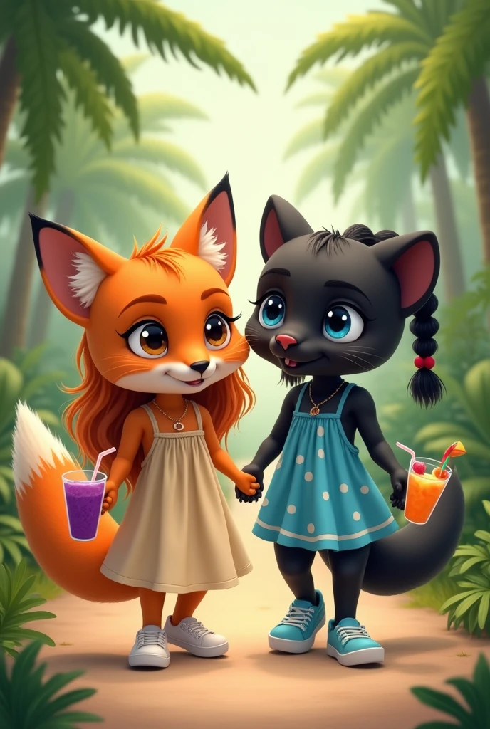 Cute anthropomorphic orange fox of small stature in a dark beige full-length sundress. The fox has long orange hair that reaches the floor.. Fox shoes white sneakers. A fox holds a sling with a grape cocktail and a straw in its paw. Next to her is a cute anthropomorphic black panther the size of a fox., The panther has blue eyes. The panther has a hairstyle of two long ponytails. The panther is dressed in a bright blue short mini sundress with white polka dots. Panther shoes blue sneakers. Panther holds a sling with a mango cocktail and a straw in its paw. They walk holding paws along a path in a palm forest.. The fox is wearing a beige floor-length dress, and the panther has a bright blue mini sundress.