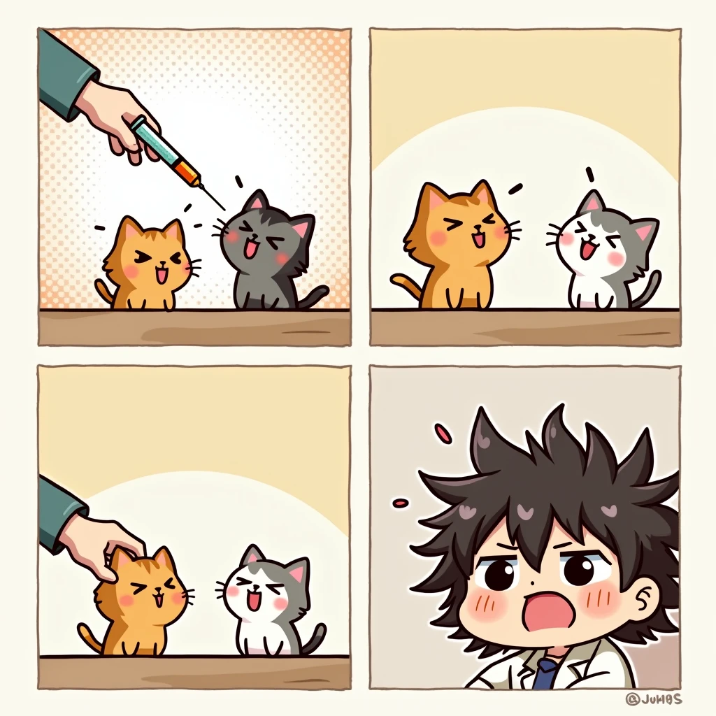 Chibi Style, Four-panel comic strip, dot halftone, Flat Color, Cats who hate injections,When they see the injection, they run away.,I&#39;m standing my hair up,I want to cry, Part of the picture goes outside the frame, 