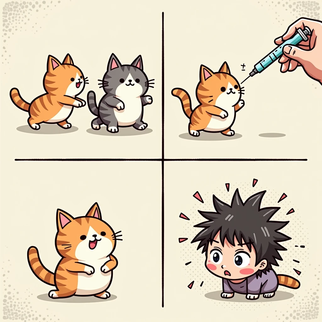Chibi Style, Four-panel comic strip, dot halftone, Flat Color, Cats who hate injections,When they see the injection, they run away.,I'm standing my hair up,I want to cry, Part of the picture goes outside the frame,