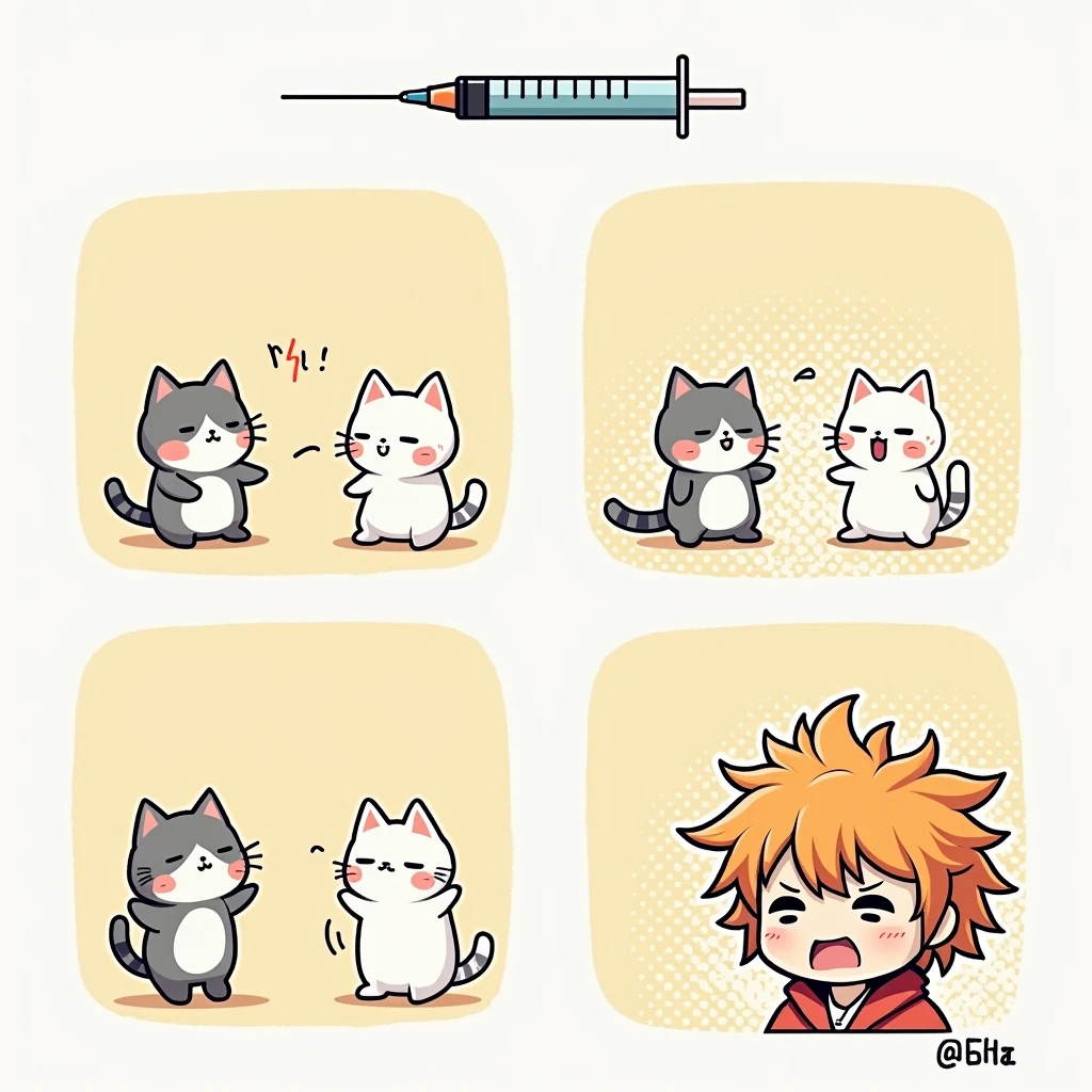 Chibi Style, Four-panel comic strip, dot halftone, Flat Color, Cats who hate injections,When they see the injection, they run away.,I&#39;m standing my hair up,I want to cry, Part of the picture goes outside the frame, 
