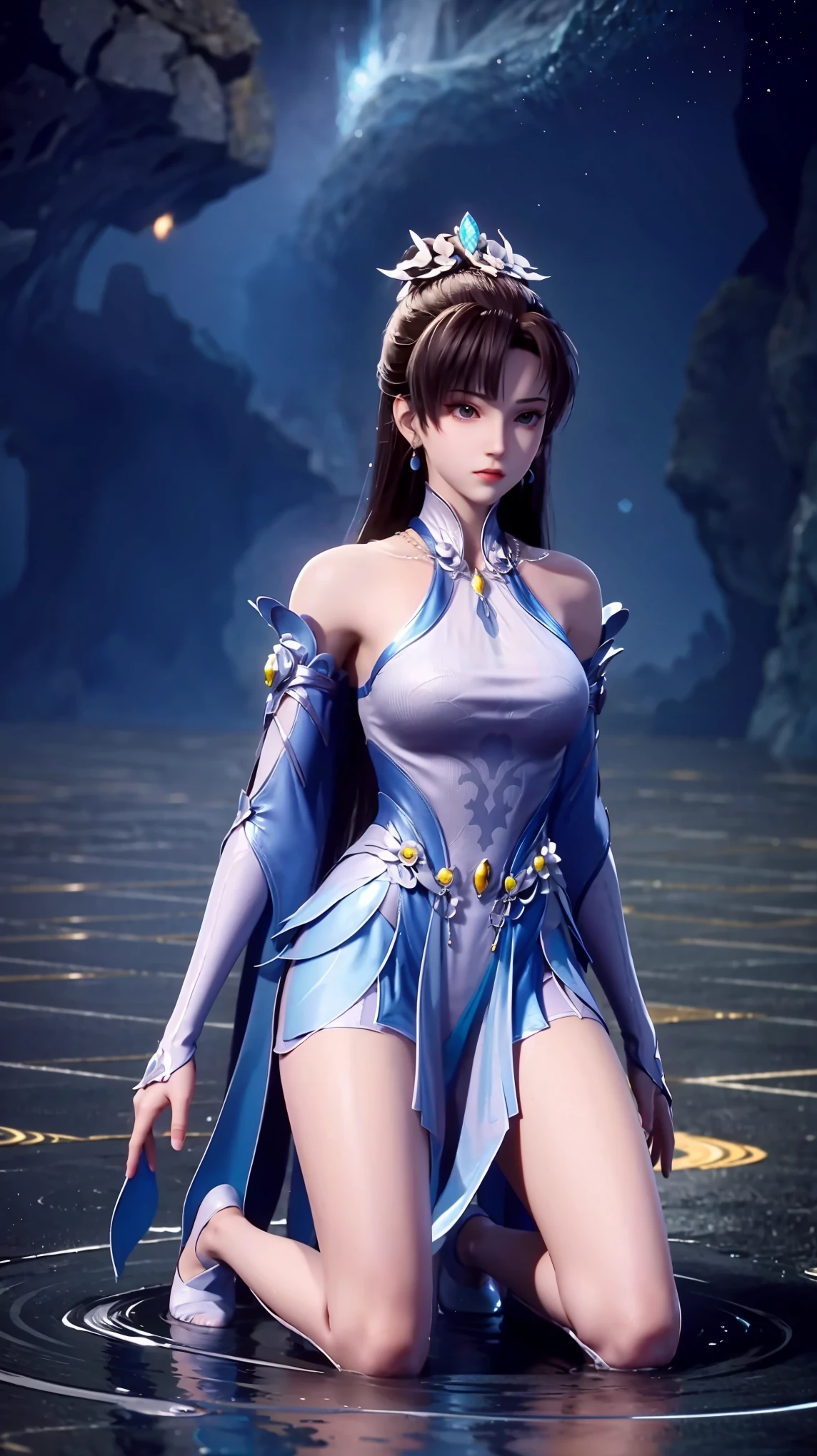 
Cartoon woman kneeling on the starry sky, Water splashes at the knees，CG Social Trends, Smooth anime CG art, Starry sky background，Full body view，Royal sister kneeling posture