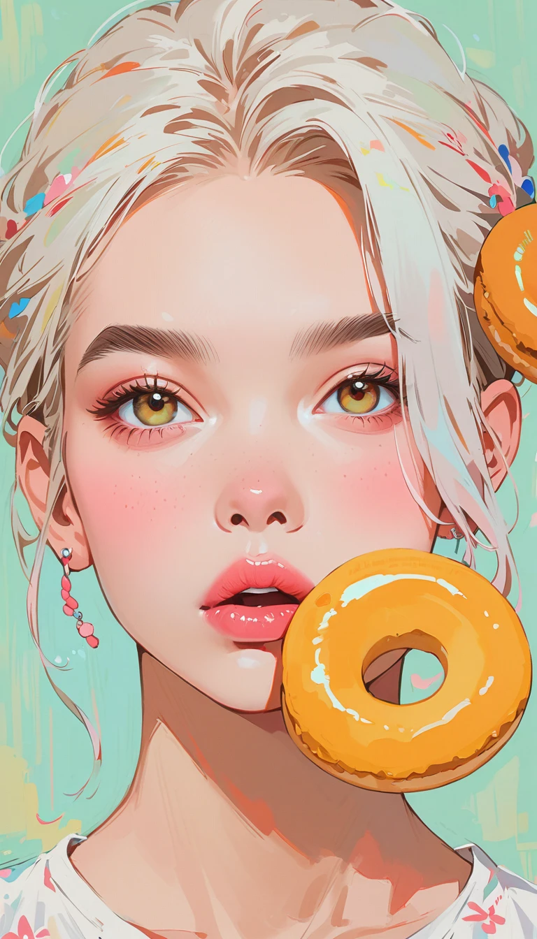 (masterpiece、Highest quality: 1.2)、1 girl、、Anime Style、Gray Hair、Pink Lips、E-Wave Hair、Gnawing on donuts、In the style of famous portrait painters、Light Blue Background。