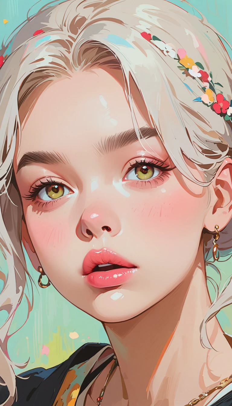 (masterpiece、Highest quality: 1.2)、1 girl、、Anime Style、Gray Hair、Pink Lips、E-Wave Hair、Gnawing on donuts、In the style of famous portrait painters、Light Blue Background。