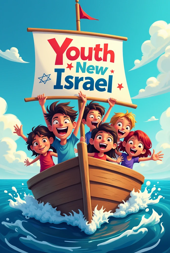 Hi AI, can you create an image for me of some young people on a boat and with some young people holding a sign that says "Youth new israel" in cartoon mode and on the same boat a star from Israel In Spanish the lyrics "New Israel"