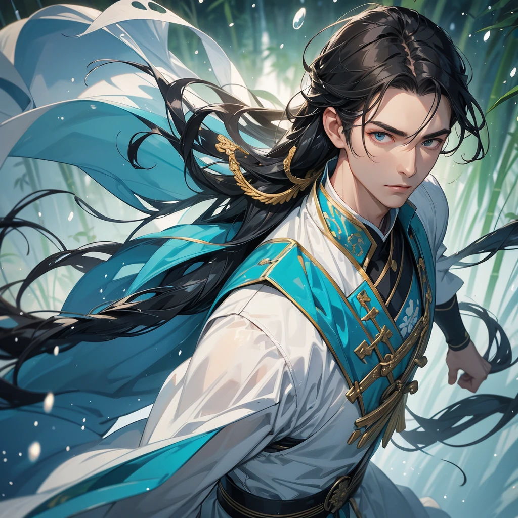 A Handsome black-haired male general holding a large sword in white-blue ancient Chinese general costume, the back is a lush green bamboo forest. the air after rain has water droplets splashing around, close up.