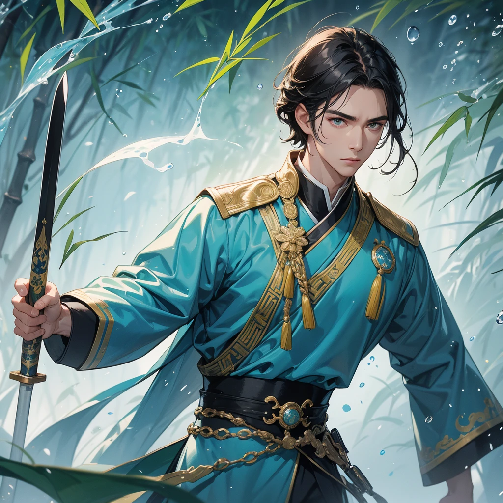 A Handsome black-haired male general holding a large sword in white-blue ancient Chinese general costume, the back is a lush green bamboo forest. the air after rain has water droplets splashing around, close up.