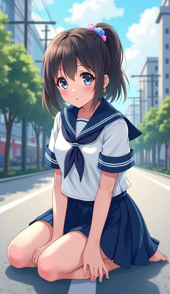 High school girl in Shibuya, Japan,,,,,,Viewed from the front, Gal, Uniform, Sailor outfit, Navy blue pleated skirt,,,,Sitting on the road with a shy face, Pink light blue scrunchie, Earrings, Highest quality, Highest resolution, Detailed depiction, Delicate depiction, Diverse lighting, Majestic expression, One knee up, Viewer's perspective, Realistic watercolor painting, Photorealistic, Detailed background, Legs apart, Delicately drawn, Strong luster, Realistic depiction, Highest quality, Masterpiece, Pleated skirt pulled up, Mole on inner thigh, Ultra high resolution, 8K, White cotton underwear, Perfect beauty, Wry smile
