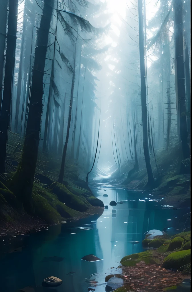 arafed view of a stream running through a forest with trees, mysterious ， stream, by Carl Rahl, by Adam Chmielowski, melting and dripping. eerie, eerie shimmering surroundings, by Wolfgang Zelmer, river in the wood, real-life brook, by Jacob Toorenvliet, photograph captured in the woods, beautiful and mysterious