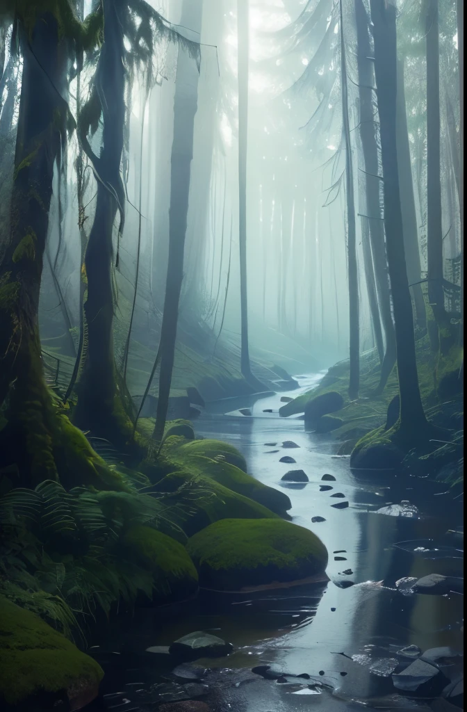 arafed view of a stream running through a forest with trees, mysterious , stream, by Carl Rahl, by Adam Chmielowski, melting and dripping. eerie, eerie shimmering surroundings, by Wolfgang Zelmer, river in the wood, real-life brook, by Jacob Toorenvliet, photograph captured in the woods, beautiful and mysterious