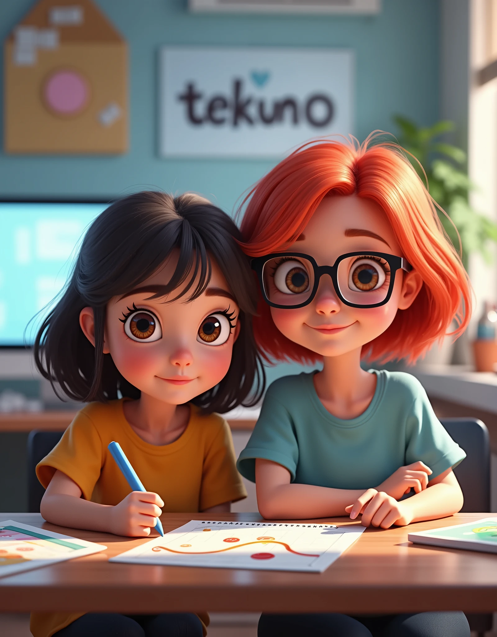 Pixar-style poster of one girls with brown eyes, A girl with short red hair with black glasses, short royal blue t-shirt in an office with one desks, one computers and a poster with the word Tekuno, A highly detailed, crystal-clear image.