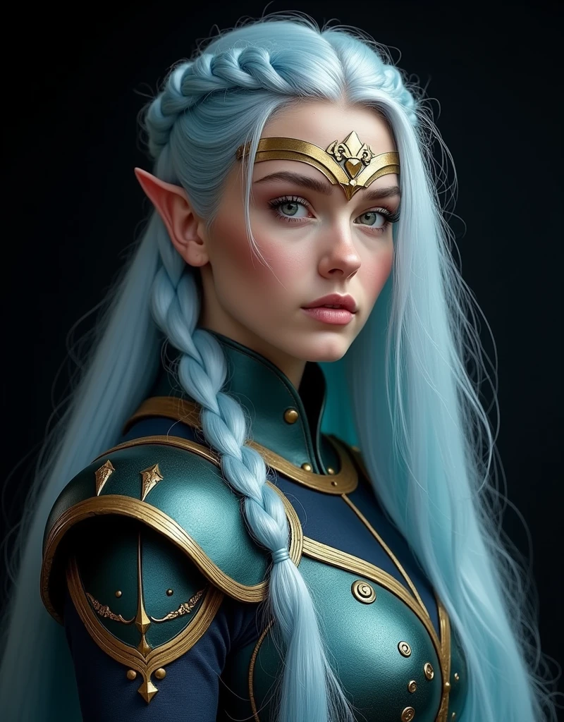 GORGEOUS VALKYRIE , WARRIOR WOMAN, BUST IMAGE STYLE, STUDIO IMAGE STYLE, BLACK INFINITE BACKGROUND, DIFFUSED LIGHTS ON FACE, BACK LIGHTS ON HAIR, LUMINOUS PINK BLUE HAIR, CLOSE FACE SHOT, HUGE LONG HAIR, HUGE STRAIGHT LONG HAIR, BRAID HAIR STYLE, PLATINUM EYEBROWS, VERY PALE SKIN, LUMINOUS SKIN, FEMALE FAIRY, TOLKIEN MITHOLOGY, EXPOSED LONG TIP EARS, HIGH CHEEKBONES, ROSY CHEEKS, GORGEOUS LIPS, SOFT LIPSTICK, GORGEOUS CURVY BODY, SOFT MUSCLES, VOLUMOUS BREASTS, BLUE GREEN ARMOUR, FULL BODY ARMOUS, FLAT BOOTS, NECK CLEAVAGE, LONG BRACELETS, GOLD DETAILS, GOLDEN HEADBAND , ENIGMATIC FACE EXPRESSION, SIDE FACE VIEW, EYES LOOKING UP, TOLKIEN MITHOLOGY, HIGH QUALITY IMAGE, MASTERPIECE, 8K