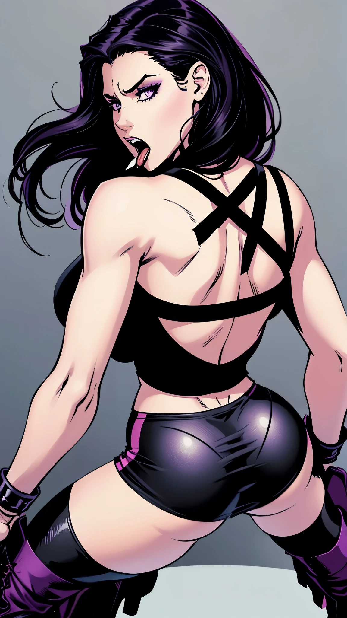 1girl, Solo, Purple Eyes, Expressions, Turn Pale, Black Hair, Medium Hair, Messy Hair, Accurate, Super Detailed, Goth, Black Nails, Large breasts, Cut Tank top, Tight high cut leggings, Black Combat boots, Illustration,From Behind, Close-Up, Canon, Glancing, 1998, Open Mouth, Tongue Out, Saliva, Naughty,