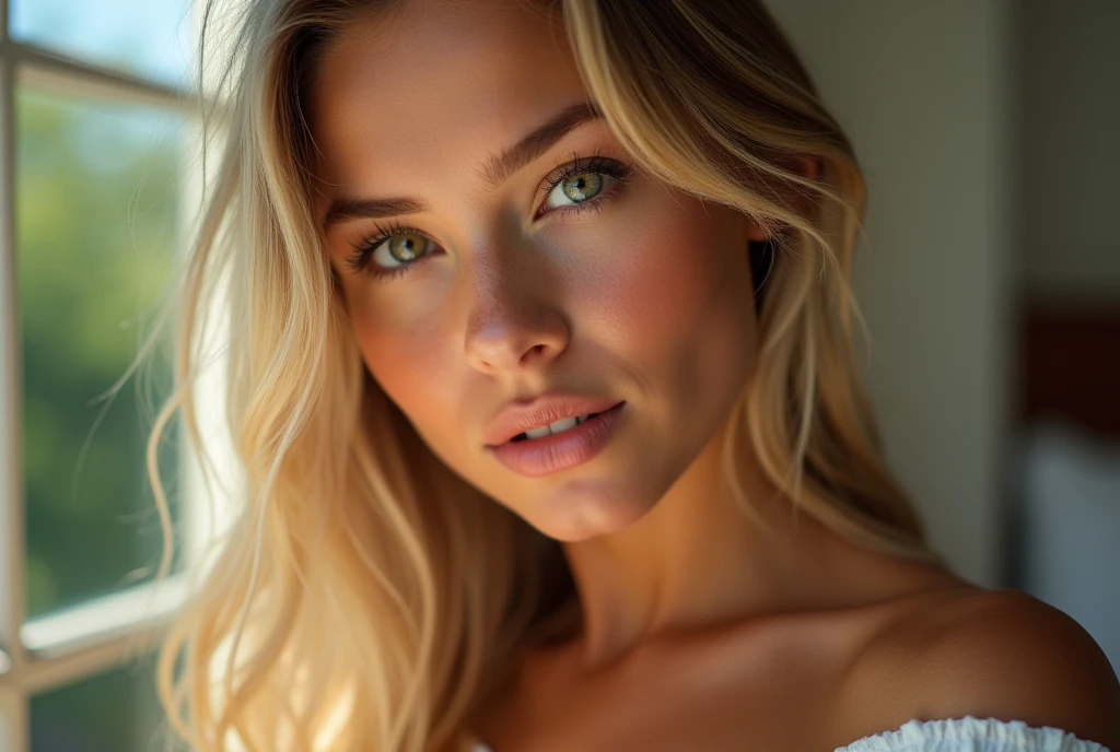 Photographie d'une belle fille, bionde, grand yeux verts, bouche pulpeuses, tanned, tetas grandes, taillefine, Face face camera, au reveil