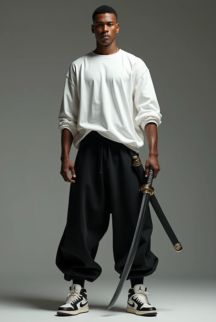 A man in a basic white shirt, black sweatpants, Air Jordan sneakers with a katana