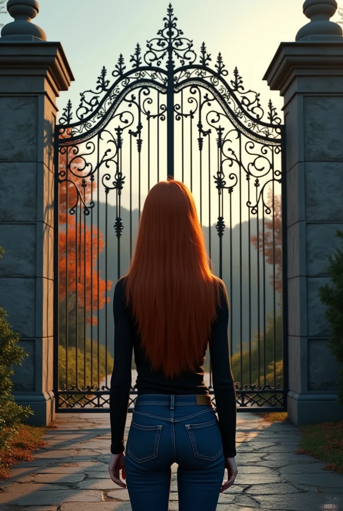 A young redhead woman with long straight hair wearing jeans from behind . It faces a large castle gate. This gate is made up of 3 very elaborate wrought iron gates of different sizes. Stone columns. The background of the photo. The background of the photo. And composed of a forest in autumn. The atmosphere must be disturbing. The photo was taken at the end of the afternoon. The rendering must be very realistic.
