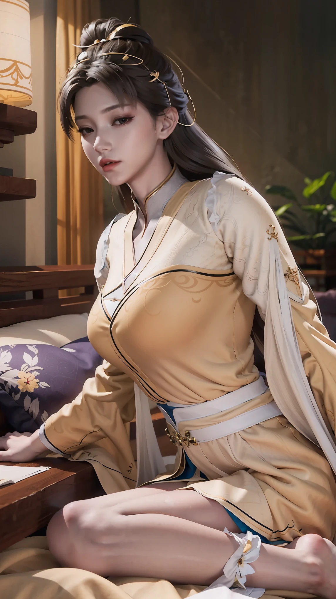 一个女孩Lying in bed,Dressed in suspender pajamas,Face up,Raise your legs slightly,Front view super detailed beautiful busty girl. Ultra HD, 4K, 8K, Movie,whole body,Lying down,Long legs,Very big breasts,whole body捕捉,(((Lying in bed))),(((whole bodyLying in bed))),big bed,Off-shoulder,Shoulder-length skirt,Lying in bed,Sleeping on the pillow,Lying down,Headrest pillows,(((平Lying in bed))),whole body平Lying in bed