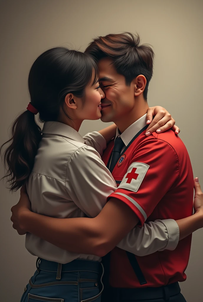 Teacher hugging a Red Cross paramedic 