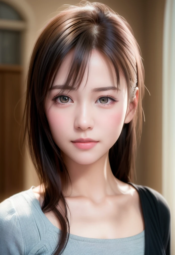 8K, of the highest quality, masutepiece:1.2), (Realistic, Photorealsitic:1.37), of the highest quality, masutepiece, Beautiful young woman, Pensive expression,、A charming、And a gentle look, cute young lady, Newlywed life、Welcome、Happy expression、Hair tied back, Cinematic background, Light skin tone