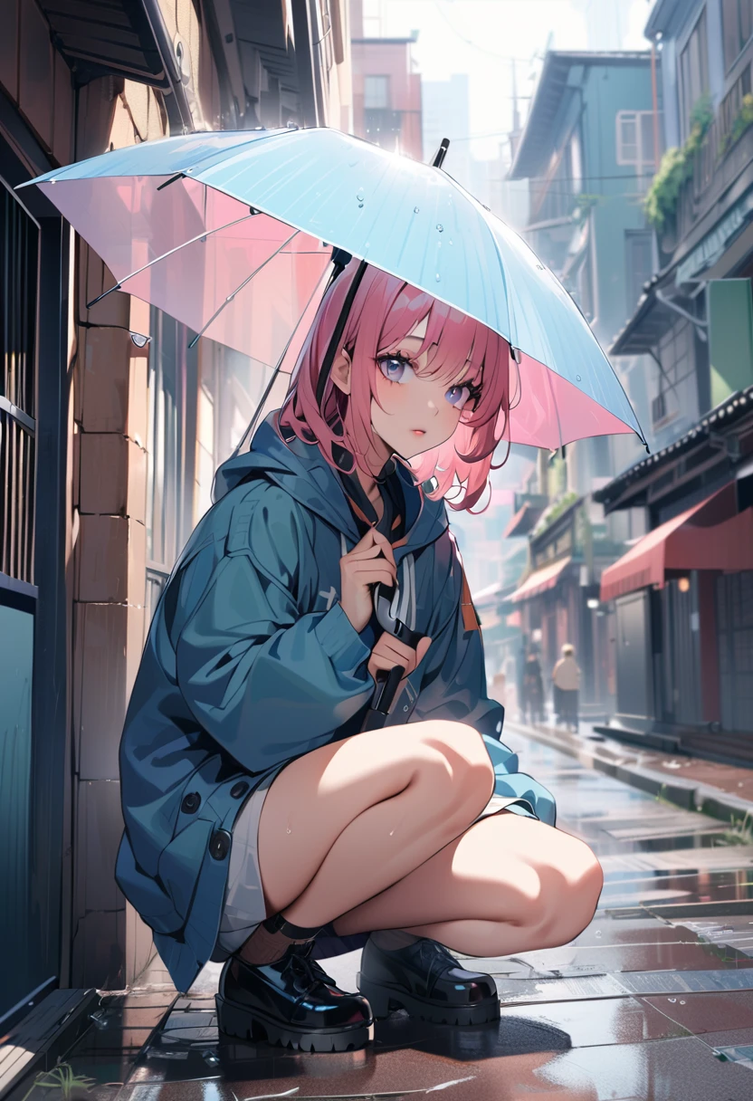 1woman, solo, pink hair, gray eyes, detailed eyes, eyelashes, light lips, 25years old, ((she's holding an umbrella)), squatting, raining, residential area with sunshine, Accurate depiction