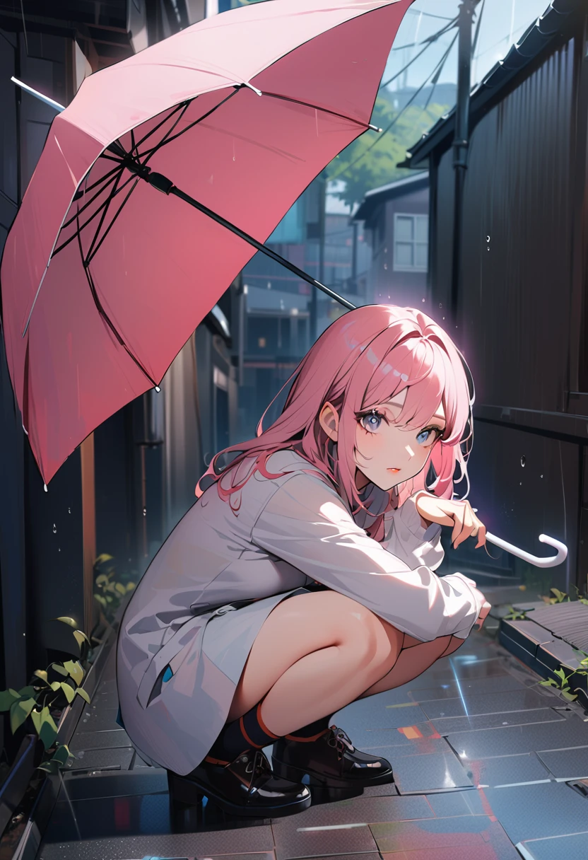1woman, solo, pink hair, gray eyes, detailed eyes, eyelashes, light lips, 25years old, ((she's holding an umbrella)), squatting, raining, residential area with sunshine, Accurate depiction