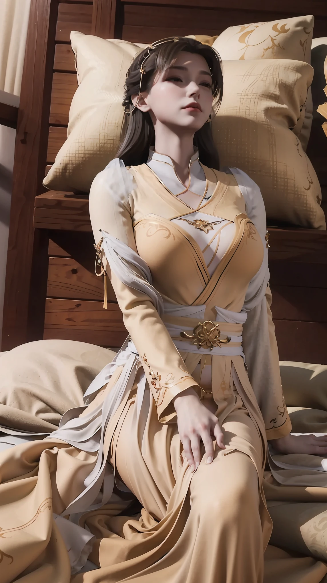 一个女孩Lying in bed,Dressed in suspender pajamas,Face up,Raise your legs slightly,Front view super detailed beautiful busty girl. Ultra HD, 4K, 8K, Movie,whole body,Lying down,Long legs,Very big breasts,whole body捕捉,(((Lying in bed))),(((whole bodyLying in bed))),big bed,Off-shoulder,Shoulder-length skirt,Lying in bed,Sleeping on the pillow,Lying down,Headrest pillows,(((平Lying in bed))),whole body平Lying in bed
