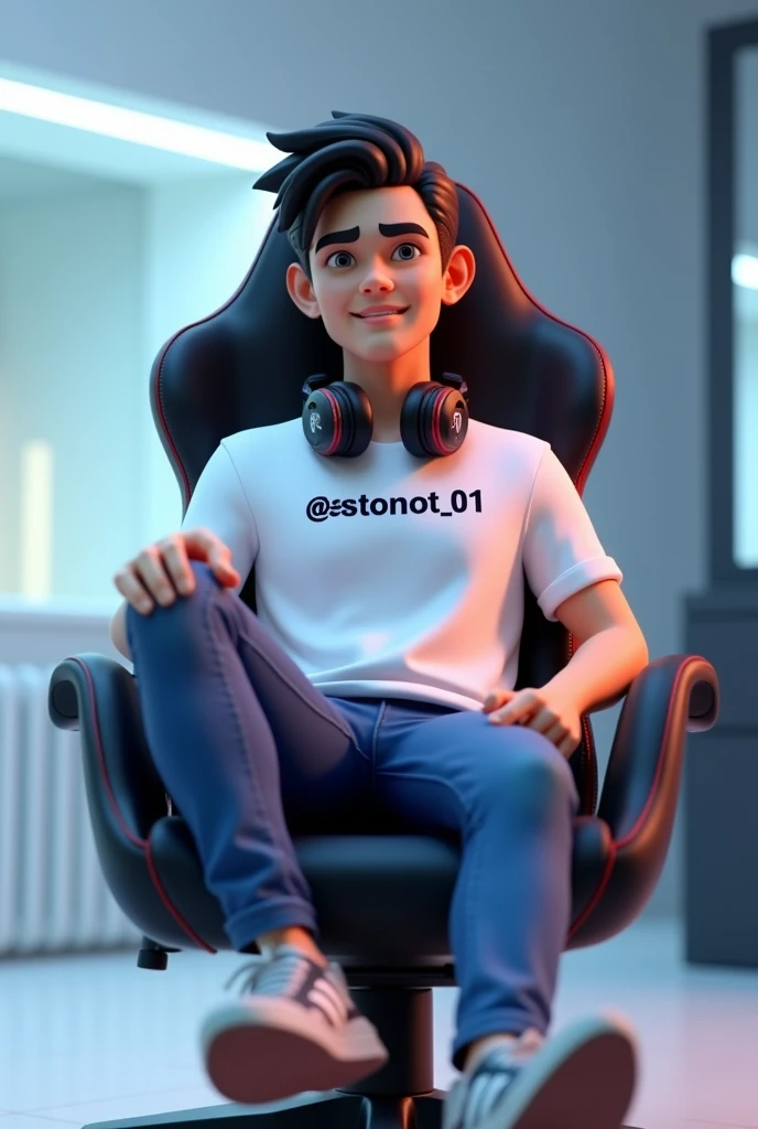 Guy sitting on cool gaming chair wearing headset around his neck, wearing a white T-shirt, with the name attached @astronot_01 With Handsome 3d cartoon characters