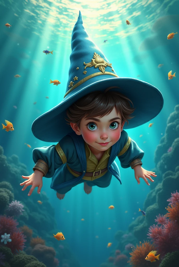 A boy wearing a wizard hat,swimming in the sea