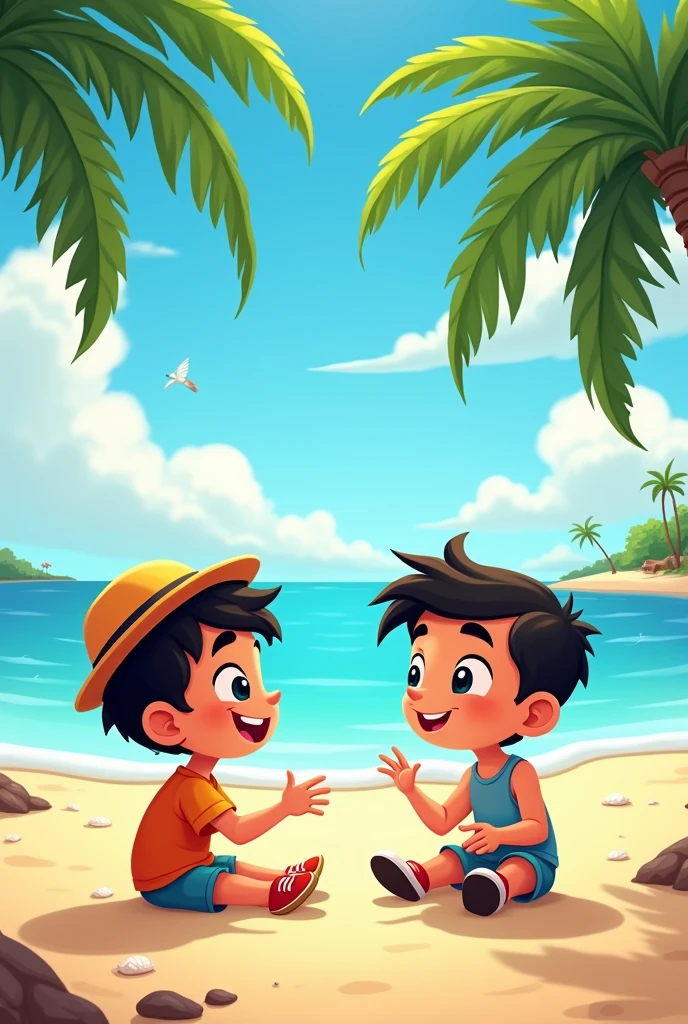 Malin Kundang chats with his friend on the beach (cartoon, landscape)