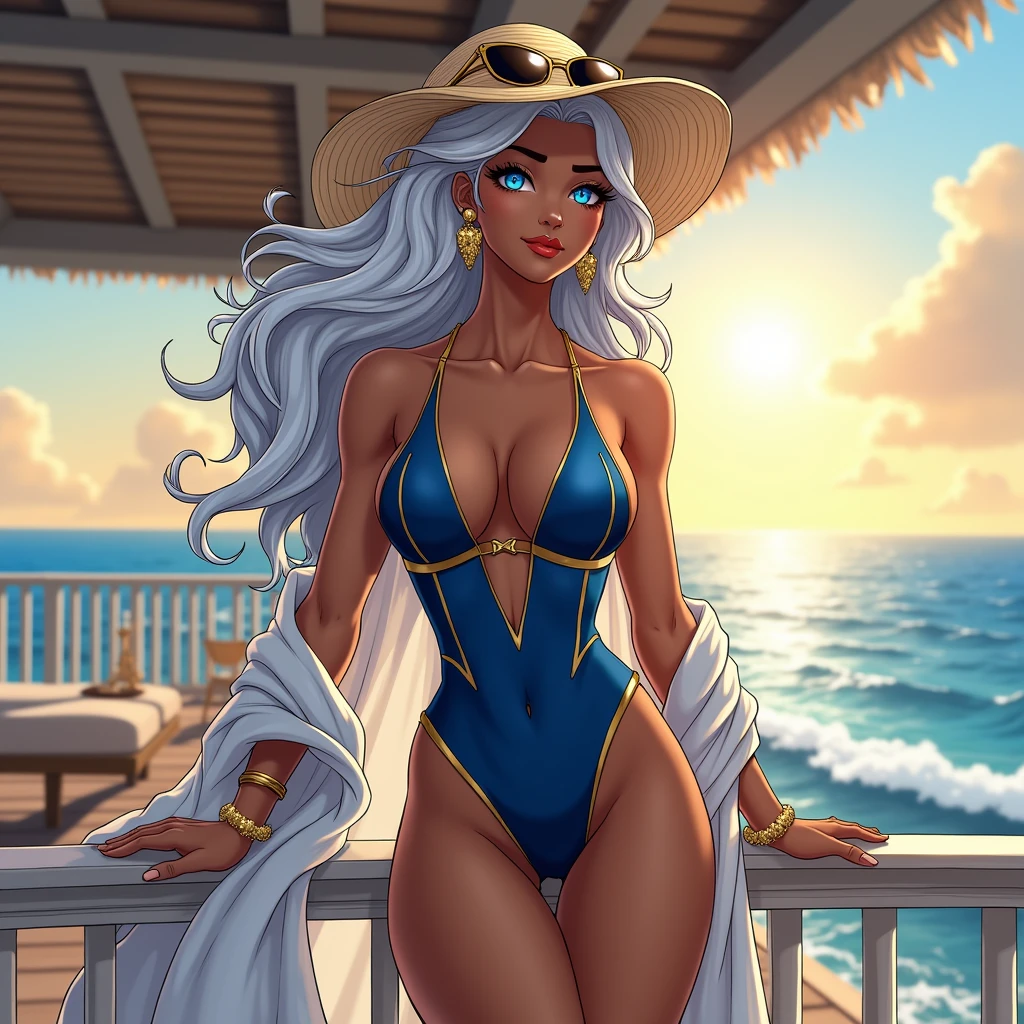 A Breathtakingly Elegant Full-Color 64k Anime-Style Illustration of Storm from Marvel in Swimwear
Character Appearance:
- **Hair:** Storm's striking white hair is styled in soft, flowing waves that cascade down her back, subtly catching blue sparks, the sea breeze and giving a sense of lightness and freedom.
- **Eyes:** Her serene, kind, and soft eyes reflect a calm wisdom, shimmering with hints of her deep connection to nature. The gentle azure hue of her eyes mirrors the surrounding sea and sky.
- **Facial Features:** Her expression is gentle and composed, with a soft smile that conveys warmth and kindness. High cheekbones and a graceful jawline enhance her regal yet approachable presence.
- **Physique:** African - Bronze Toned skin and athletic, with an elegant build that speaks to her strength and agility. Her posture is relaxed yet confident, exuding grace and poise.
**Costume Details:**
- **Outfit:** Storm is dressed in a beautiful, elegant swimsuit that combines style and sophistication. A sleek, deep blue one-piece with gold accents complements her complexion and gives a nod to her regal nature. A sheer, flowing white beach cover-up drapes loosely around her shoulders, adding a touch of softness to her powerful presence.
- **Accessories:** A pair of delicate gold earrings and a matching bracelet adorn her, reflecting the light of the setting sun. She wears stylish sunglasses perched on her head, and a wide-brimmed sun hat adds a chic, vacation-ready flair to her look.
**Illustration Concept:**
- **Style:** A breathtakingly elegant full-color 64k anime-style illustration.
- **Art Approach:** Graceful and serene, with a focus on capturing Storm’s calm and nurturing presence in a luxurious and relaxed setting.
- **Character Focus:** Emphasize her soft eyes and serene expression, juxtaposed with her powerful, commanding presence as a mutant goddess of the weather.
**Character Portrayal:**
- **Pose:** Storm is leaning casually against the railing of an op