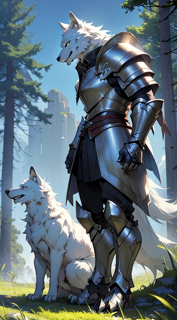 (best quality, 4K, 8k, high resolution, masterpiece:1.2), white wolf monster, White wolf in armor, furry wolf monster with short legs, Side pose, full body pose, Outdoor Lighting, vertical lighting, nature background, Lunch hour, large claws on front feet, Gaze angle at shoulder height, meadow background, Front side view