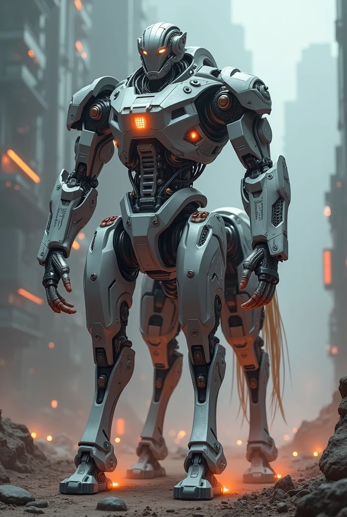 a photo of a mecha robo centaur, human like upper body, horse lower body, two arms, four feet, horse tail, digital art, highly detailed, 8k, photorealistic, cinematic lighting, intricate machinery, gleaming metal, glowing energy, dynamic pose, epic scale, futuristic, science fiction