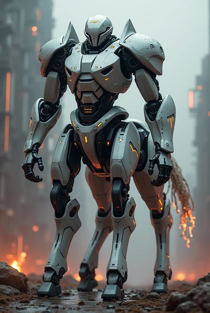 a photo of a mecha robo centaur, human like upper body, horse lower body, two arms, four feet, horse tail, digital art, highly detailed, 8k, photorealistic, cinematic lighting, intricate machinery, gleaming metal, glowing energy, dynamic pose, epic scale, futuristic, science fiction