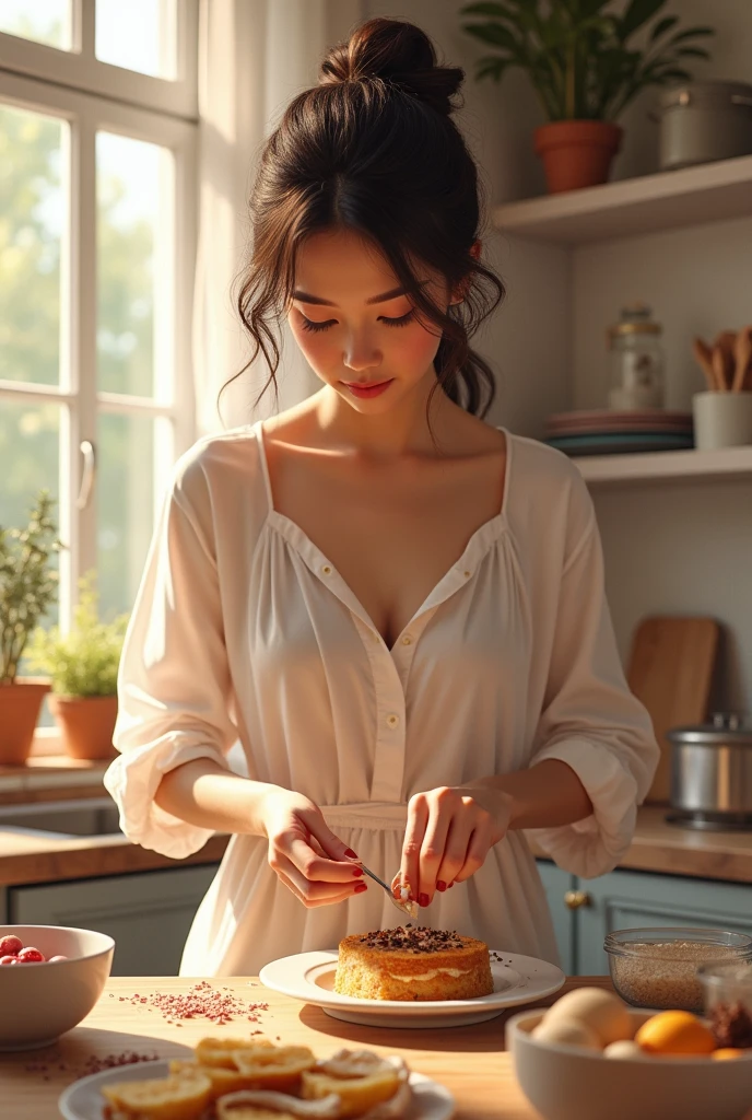 Create me a picture of a woman making a dessert