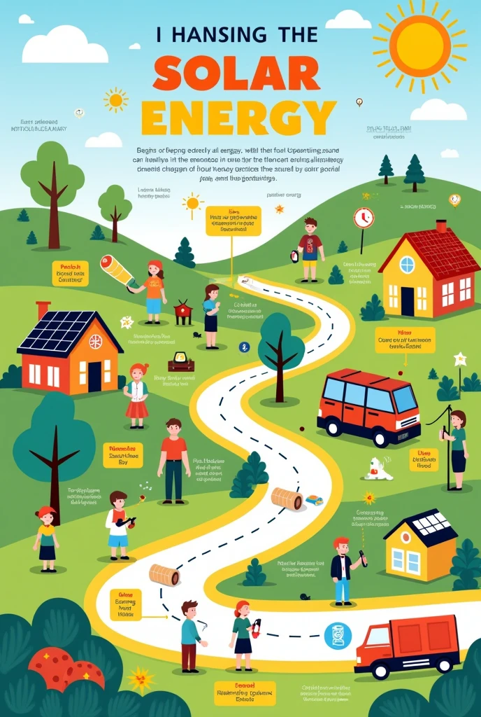 Create a poster showing the utilization/uses of solar energy. Make it simple for an elementary student to draw.