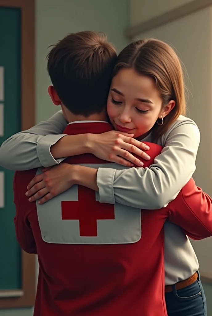 Teacher hugging a Red Cross paramedic 