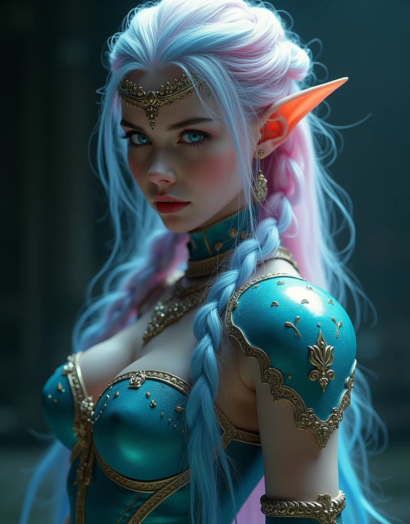 GORGEOUS VALKYRIE , WARRIOR WOMAN, BUST IMAGE STYLE, STUDIO IMAGE STYLE, BLACK INFINITE BACKGROUND, DIFFUSED LIGHTS ON FACE, BACK LIGHTS ON HAIR, LUMINOUS PINK BLUE HAIR, CLOSE FACE SHOT, HUGE LONG HAIR, HUGE STRAIGHT LONG HAIR, BRAID HAIR STYLE, PLATINUM EYEBROWS, VERY PALE SKIN, LUMINOUS SKIN, FEMALE FAIRY, TOLKIEN MITHOLOGY, EXPOSED LONG TIP EARS, HIGH CHEEKBONES, ROSY CHEEKS, GORGEOUS LIPS, SOFT LIPSTICK, GORGEOUS CURVY BODY, SOFT MUSCLES, VOLUMOUS BREASTS, BLUE GREEN ARMOUR, FULL BODY ARMOUS, FLAT BOOTS, NECK CLEAVAGE, LONG BRACELETS, GOLD DETAILS, GOLDEN HEADBAND , ENIGMATIC FACE EXPRESSION, SIDE FACE VIEW, EYES LOOKING UP, TOLKIEN MITHOLOGY, HIGH QUALITY IMAGE, MASTERPIECE, 8K