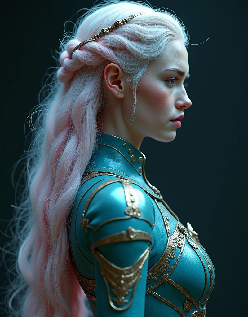 GORGEOUS VALKYRIE , WARRIOR WOMAN, BUST IMAGE STYLE, STUDIO IMAGE STYLE, BLACK INFINITE BACKGROUND, DIFFUSED LIGHTS ON FACE, BACK LIGHTS ON HAIR, LUMINOUS PINK BLUE HAIR, CLOSE FACE SHOT, HUGE LONG HAIR, HUGE STRAIGHT LONG HAIR, BRAID HAIR STYLE, PLATINUM EYEBROWS, VERY PALE SKIN, LUMINOUS SKIN, FEMALE FAIRY, TOLKIEN MITHOLOGY, EXPOSED LONG TIP EARS, HIGH CHEEKBONES, ROSY CHEEKS, GORGEOUS LIPS, SOFT LIPSTICK, GORGEOUS CURVY BODY, SOFT MUSCLES, VOLUMOUS BREASTS, BLUE GREEN ARMOUR, FULL BODY ARMOUS, FLAT BOOTS, NECK CLEAVAGE, LONG BRACELETS, GOLD DETAILS, GOLDEN HEADBAND , ENIGMATIC FACE EXPRESSION, SIDE FACE VIEW, EYES LOOKING UP, TOLKIEN MITHOLOGY, HIGH QUALITY IMAGE, MASTERPIECE, 8K