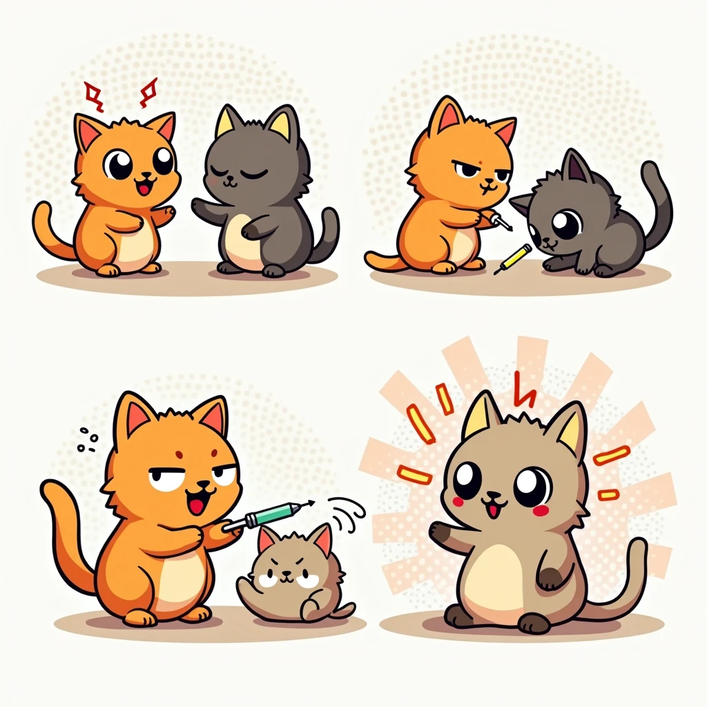 Chibi Style, Four-panel comic strip, dot halftone, Flat Color, Cats who hate injections,Avoiding injections,I'm standing my hair up,Part of the picture goes outside the frame, Angry, Anger Mark,