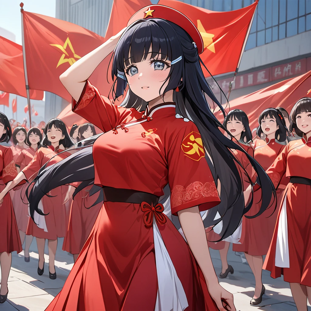 ((Highest quality)), ((masterpiece)), (detailed), (Perfect Face)、The woman is Aoki Reika, has medium-long hair and is a member of the Chinese Communist Party.、A woman wears a Chinese Communist Party folk dance costume and performs Chinese folk dance for China with female members at a Communist Party rally.
