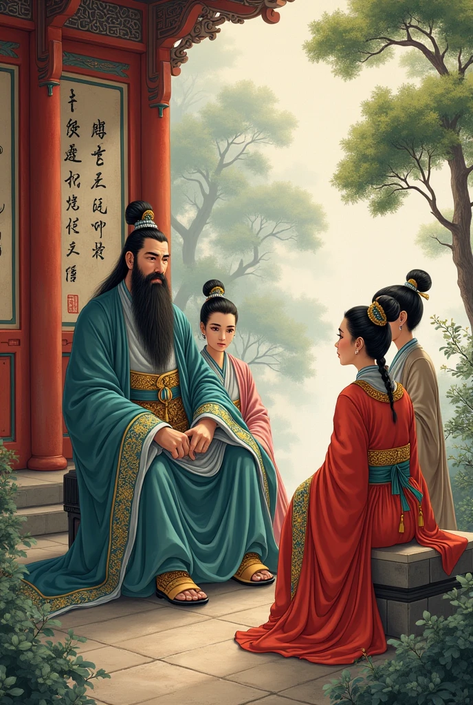 Guan Yu sat and talked with his two sisters-in-law.
