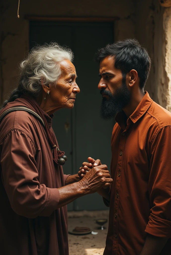 An old Ethiopian woman is talking to a sad man in the house of Bedj
but the man is crying