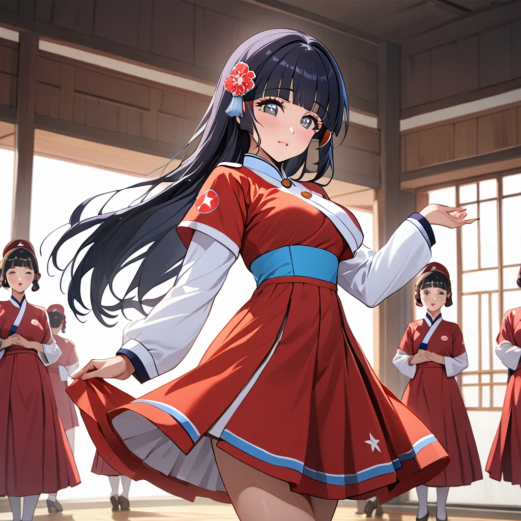 ((Highest quality)), ((masterpiece)), (detailed), （Perfect Face）、The woman is Reika Aoki with semi-long hair、The woman is a member of the North Korean Pleasure Squad and is dressed in North Korean national costume and performing a dance for the general.