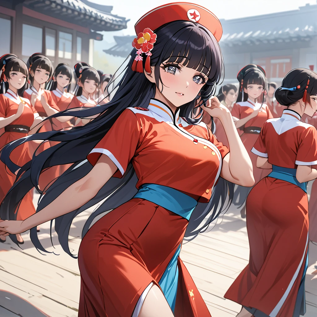 ((Highest quality)), ((masterpiece)), (detailed), (Perfect Face)、The woman is Reika Aoki with semi-long hair、The woman is a member of the North Korean Pleasure Squad and is dressed in North Korean national costume and performing a dance for the general.