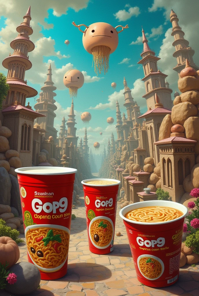 Surrealist painting with Maruchan soup containers